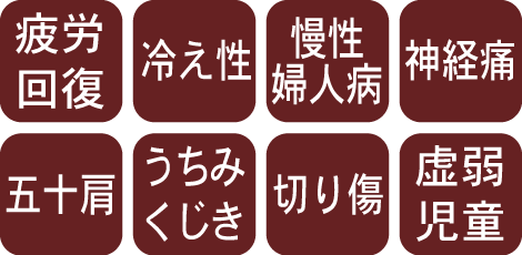 疲労回復、冷え性、慢性婦人病、神経痛、五十肩、うちみくじき、切り傷、虚弱児童